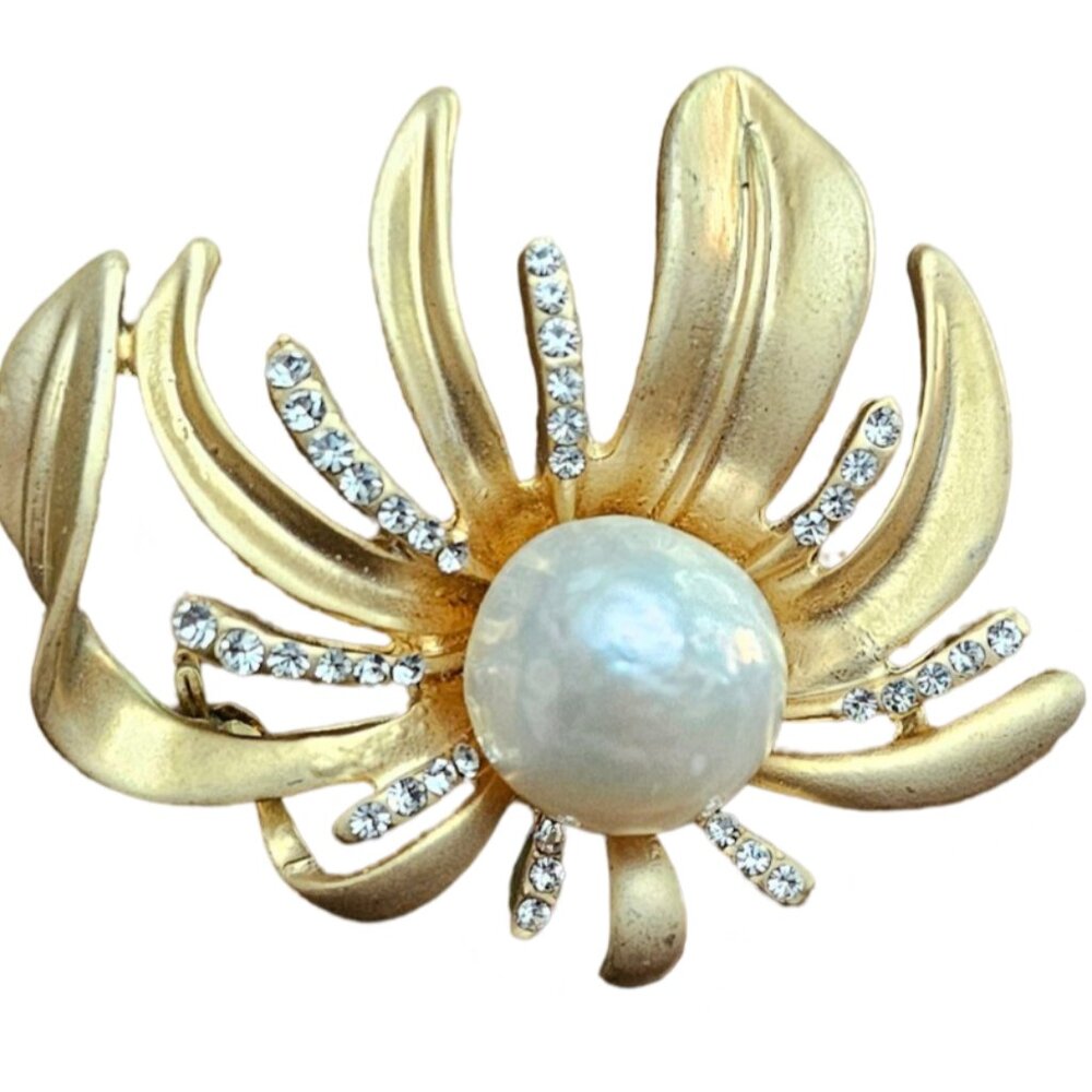 Vintage Gold Tone Large Sunflower with Pearl and Rhinetones and Faux Pearl